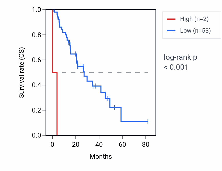 Kaplan&ndash;Meier survival curve for SNORD113-2 RNA expression in LUAD: high vs low expression groups.