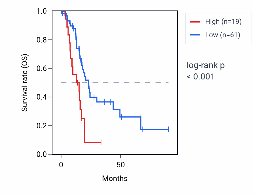 Kaplan&ndash;Meier survival curve for SNORD116-13 RNA expression in PAAD: high vs low expression groups.