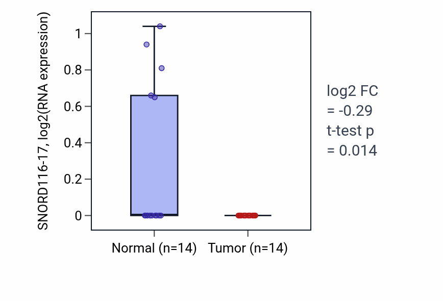 Tumor-vs-normal expression box plot for SNORD116-17 in THCA.