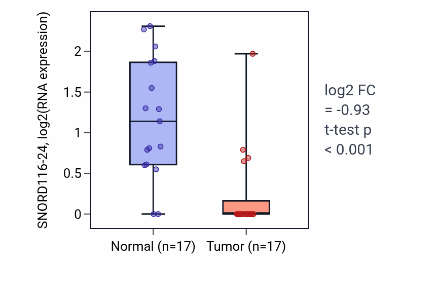 Tumor-vs-normal expression box plot for SNORD116-24 in COAD.