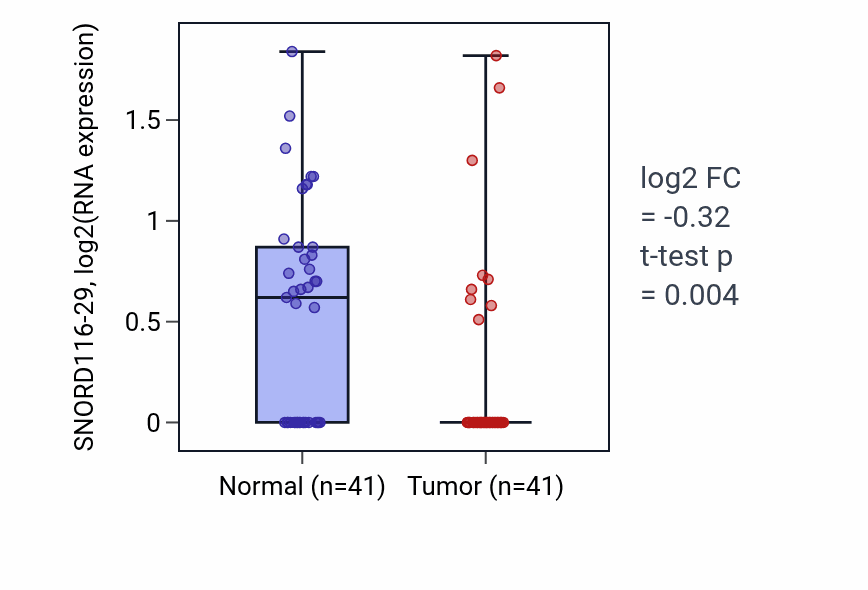 Tumor-vs-normal expression box plot for SNORD116-29 in THCA.
