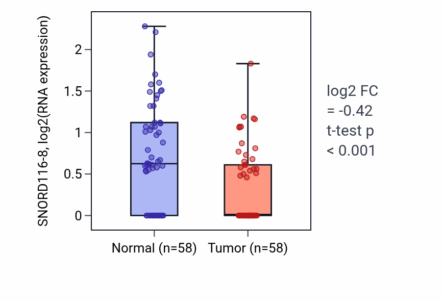 Tumor-vs-normal expression box plot for SNORD116-8 in THCA.