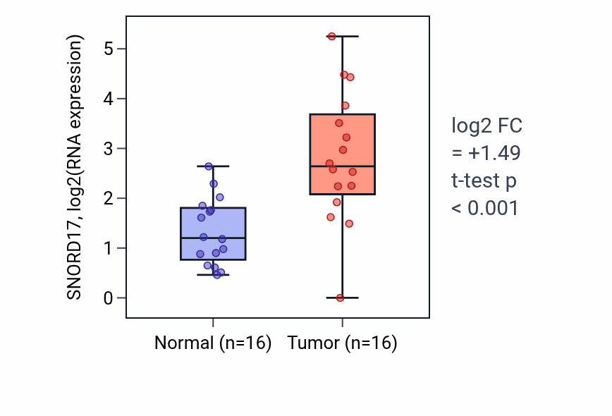 Tumor-vs-normal expression box plot for SNORD17 in HNSC.
