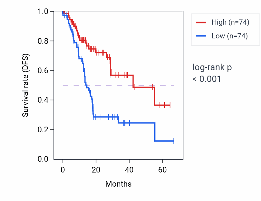 Kaplan&ndash;Meier survival curve for SNORD3B-2 RNA expression in STAD: high vs low expression groups.