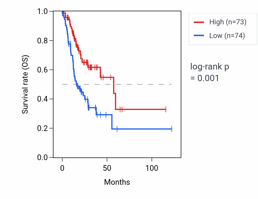 Kaplan&ndash;Meier survival curve for SNORD67 RNA expression in STAD: high vs low expression groups.