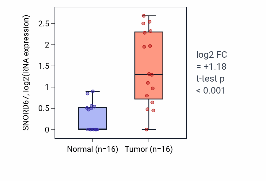 Tumor-vs-normal expression box plot for SNORD67 in LUSC.