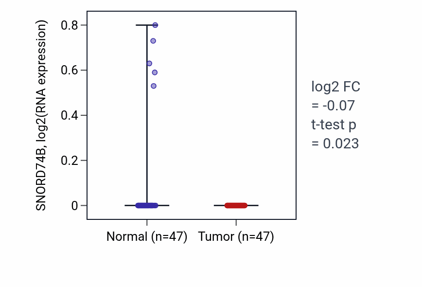 Tumor-vs-normal expression box plot for SNORD74B in KIRC.