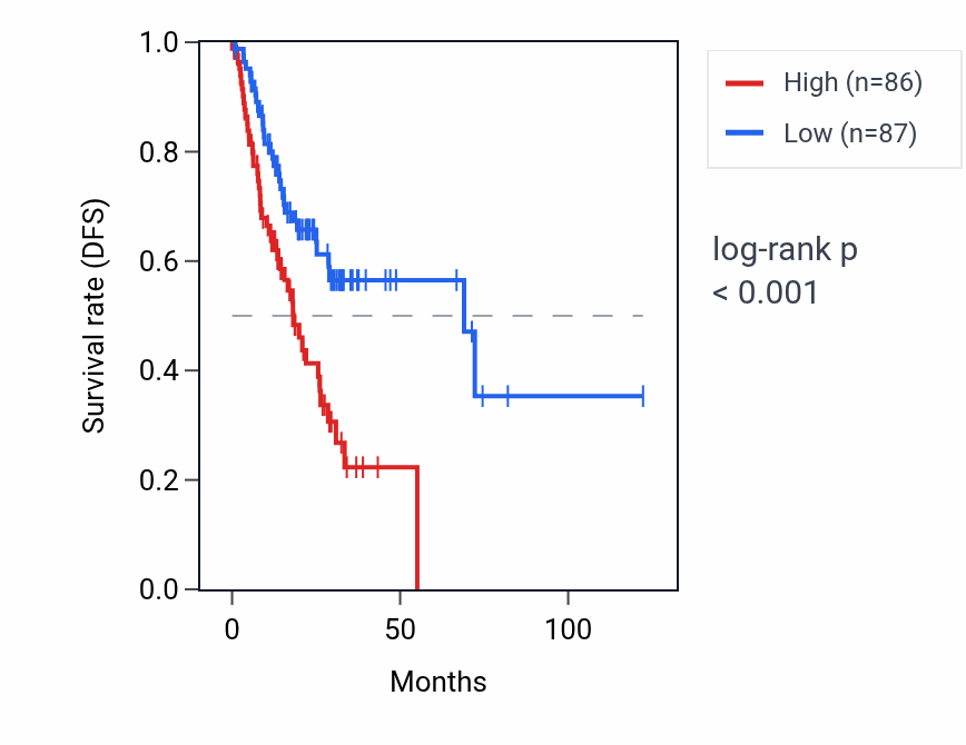 Kaplan&ndash;Meier survival curve for SNORD8 RNA expression in STAD: high vs low expression groups.