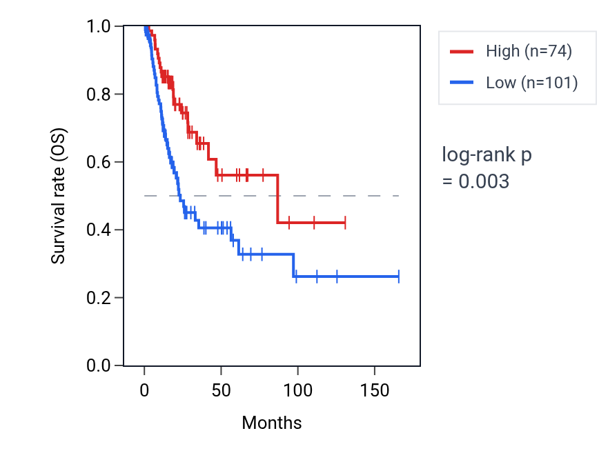 Kaplan&ndash;Meier survival curve for SNORD91A RNA expression in BLCA: high vs low expression groups.