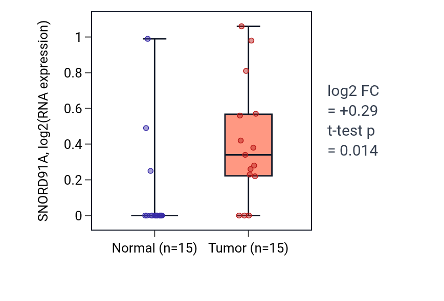Tumor-vs-normal expression box plot for SNORD91A in KIRP.