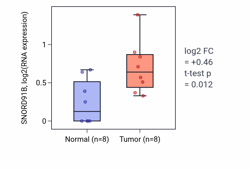 Tumor-vs-normal expression box plot for SNORD91B in BLCA.