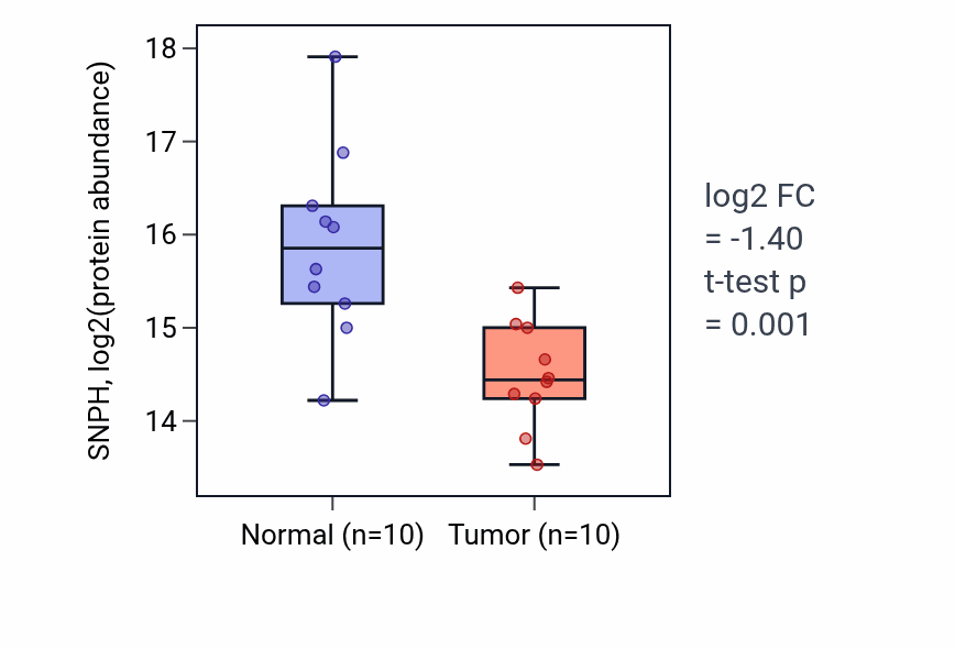 Tumor-vs-normal mass-spec protein box plot for SNPH in HNSC.