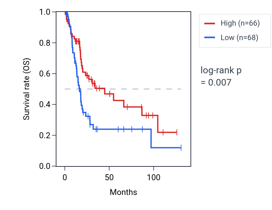 Kaplan&ndash;Meier survival curve for SNRK-AS1 RNA expression in BLCA: high vs low expression groups.