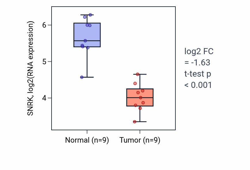 Tumor-vs-normal expression box plot for SNRK RNA in LUAD.