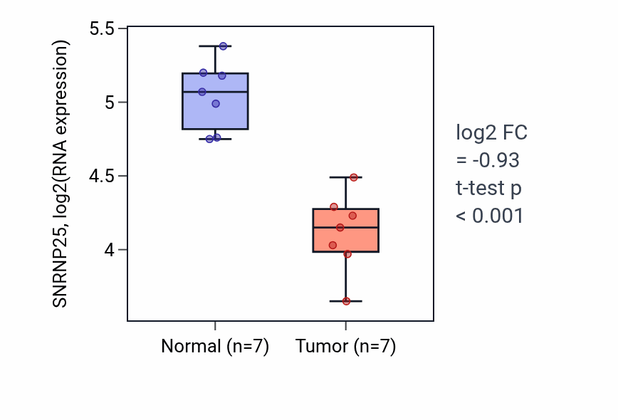 Tumor-vs-normal expression box plot for SNRNP25 RNA in THCA.