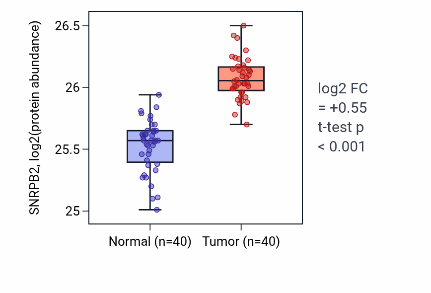 Tumor-vs-normal mass-spec protein box plot for SNRPB2 in COAD.