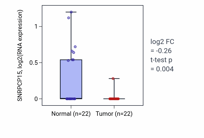 Tumor-vs-normal expression box plot for SNRPCP15 in KICH.