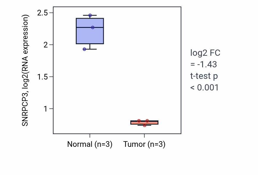 Tumor-vs-normal expression box plot for SNRPCP3 in THCA.