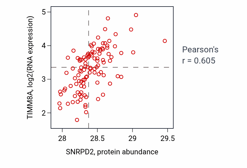 Per-sample scatter of SNRPD2 vs TIMM8A in LSCC (Pearson r = 0.60).