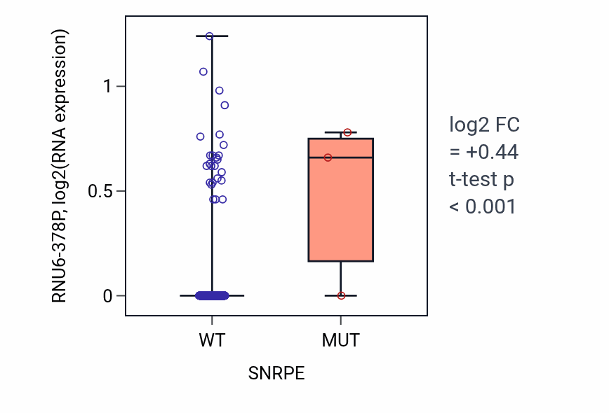 Box plot of RNU6-378P in SNRPE-low vs SNRPE-high samples in SKCM.