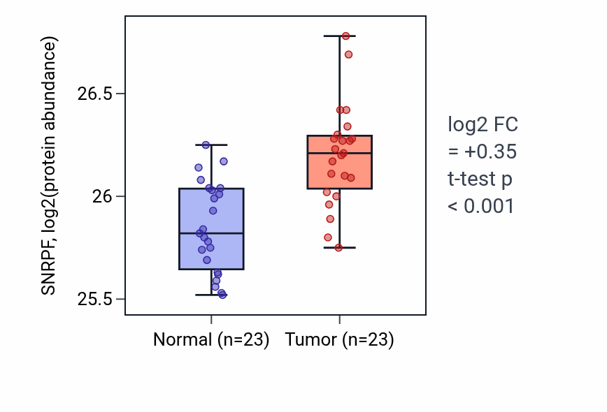 Tumor-vs-normal mass-spec protein box plot for SNRPF in HNSC.