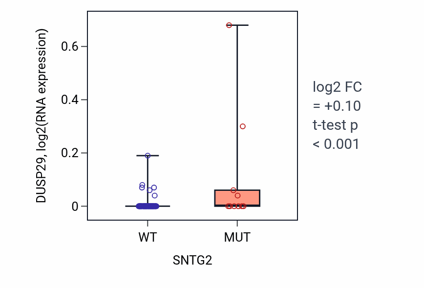 Box plot of DUSP29 in SNTG2-low vs SNTG2-high samples in BLOOD_Leukemia.