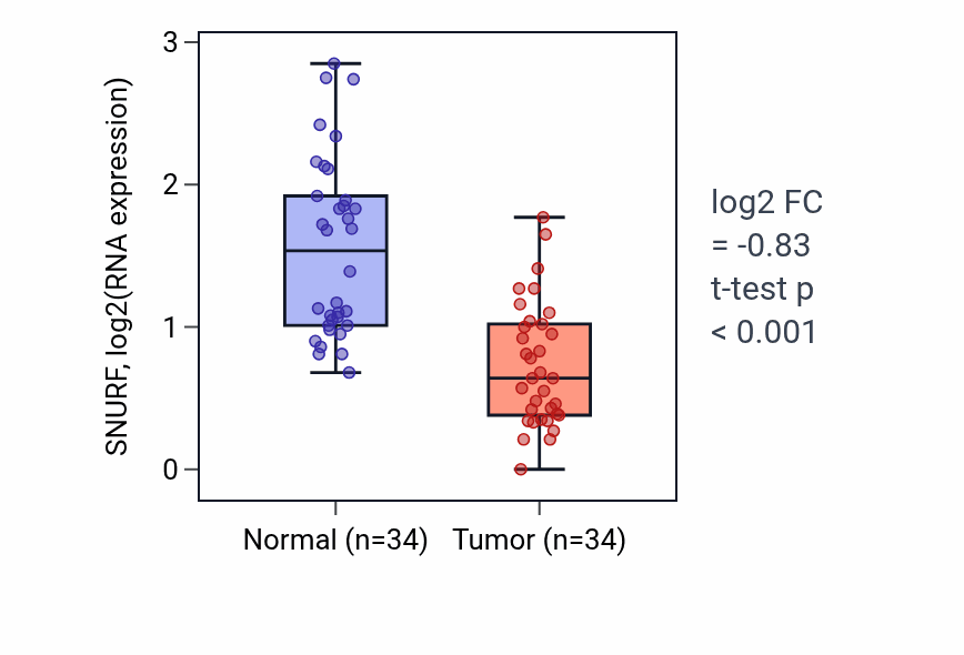 Tumor-vs-normal expression box plot for SNURF RNA in KIRC.