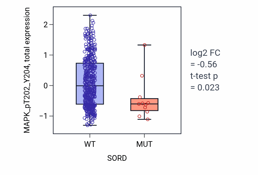 Box plot of MAPK_pT202_Y204 in SORD-low vs SORD-high samples in UCEC.