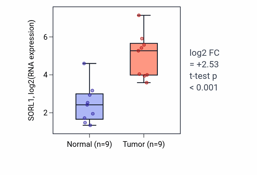 Tumor-vs-normal expression box plot for SORL1 RNA in HNSC.