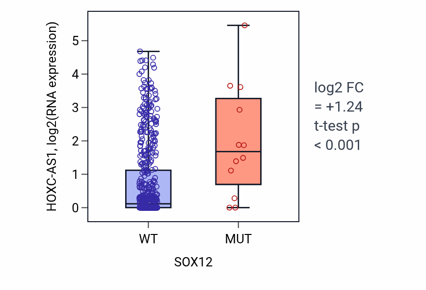 Box plot of HOXC-AS1 in SOX12-low vs SOX12-high samples in UCEC.