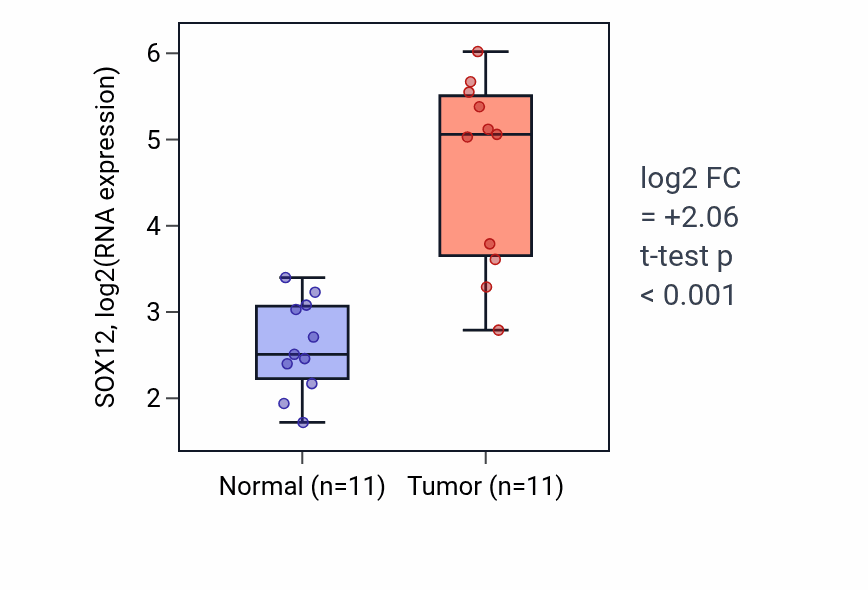 Tumor-vs-normal expression box plot for SOX12 RNA in HNSC.