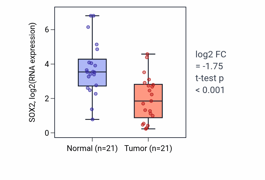 Tumor-vs-normal expression box plot for SOX2 RNA in STAD.