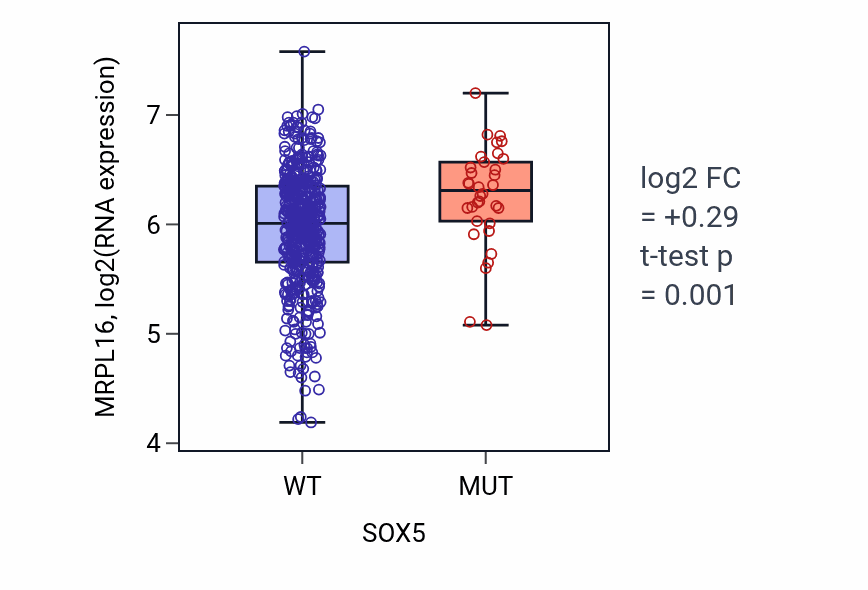 Box plot of MRPL16 in SOX5-low vs SOX5-high samples in UCEC.