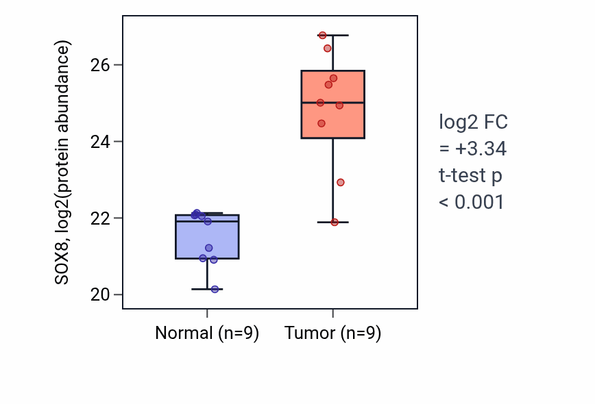 Tumor-vs-normal mass-spec protein box plot for SOX8 in LUAD.