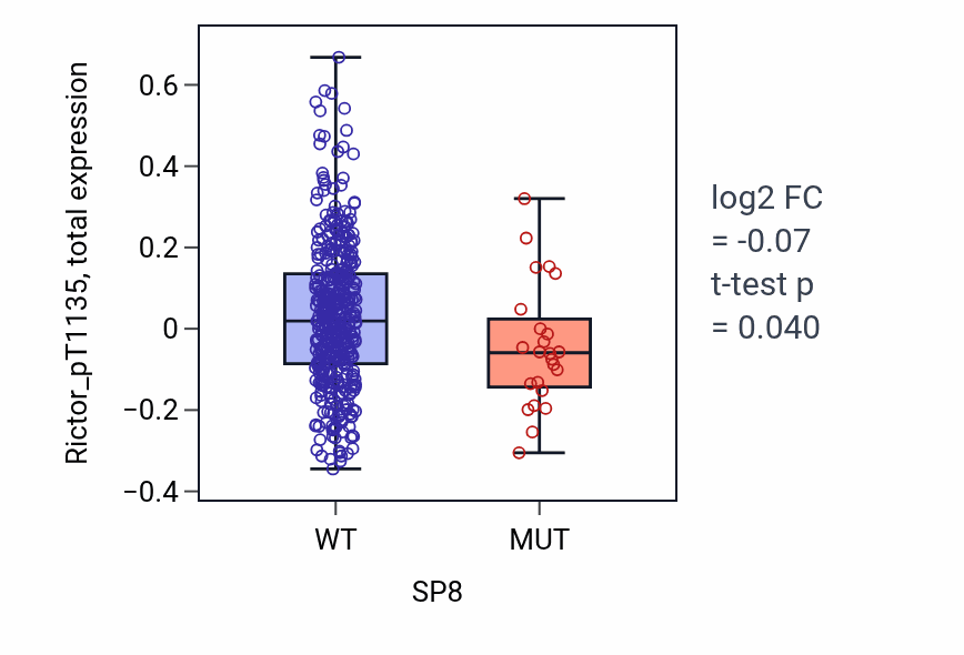 Box plot of Rictor_pT1135 in SP8-low vs SP8-high samples in UCEC.