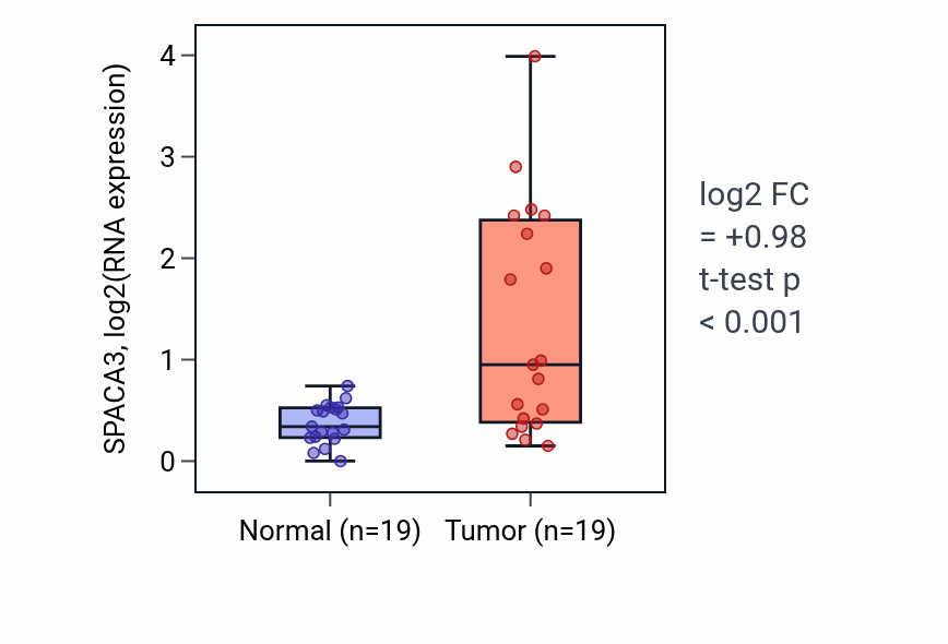 Tumor-vs-normal expression box plot for SPACA3 in COAD.