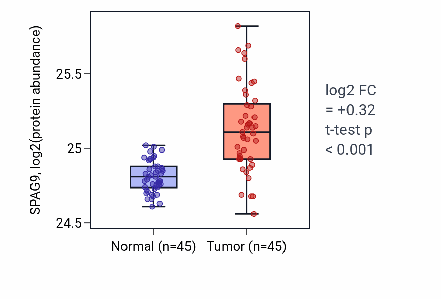 Tumor-vs-normal mass-spec protein box plot for SPAG9 in HNSC.