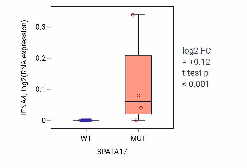 Box plot of IFNA4 in SPATA17-low vs SPATA17-high samples in LUNG_NSCLC_LUSC.