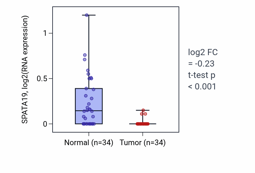 Tumor-vs-normal expression box plot for SPATA19 in LUAD.