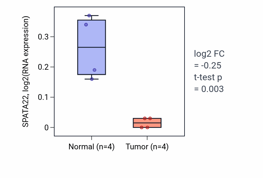 Tumor-vs-normal expression box plot for SPATA22 RNA in BLCA.
