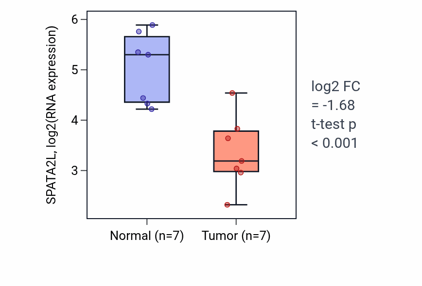 Tumor-vs-normal expression box plot for SPATA2L RNA in KICH.