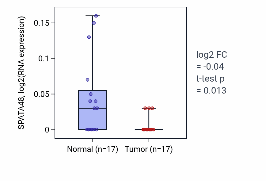 Tumor-vs-normal expression box plot for SPATA48 RNA in THCA.
