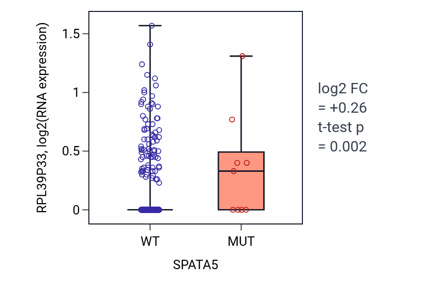 Box plot of RPL39P33 in SPATA5-low vs SPATA5-high samples in LUAD.