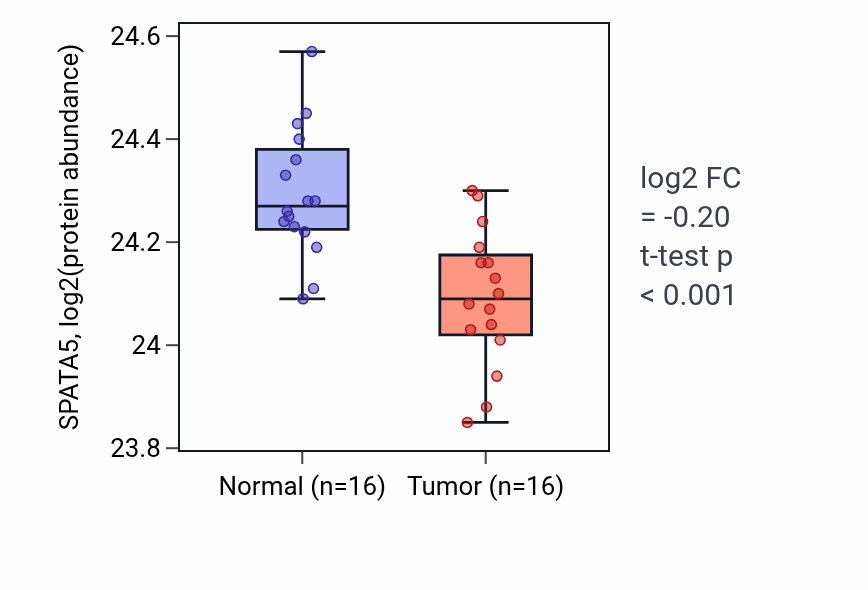 Tumor-vs-normal mass-spec protein box plot for SPATA5 in LUAD.