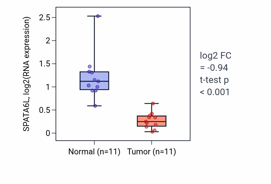 Tumor-vs-normal expression box plot for SPATA6L RNA in KICH.