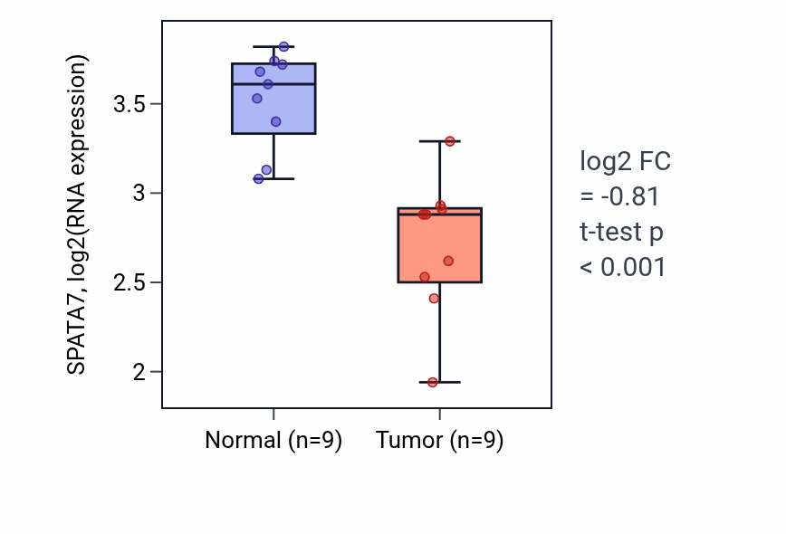 Tumor-vs-normal expression box plot for SPATA7 RNA in THCA.