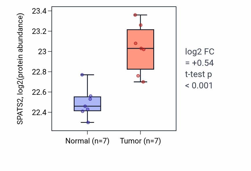 Tumor-vs-normal mass-spec protein box plot for SPATS2 in CCRCC.