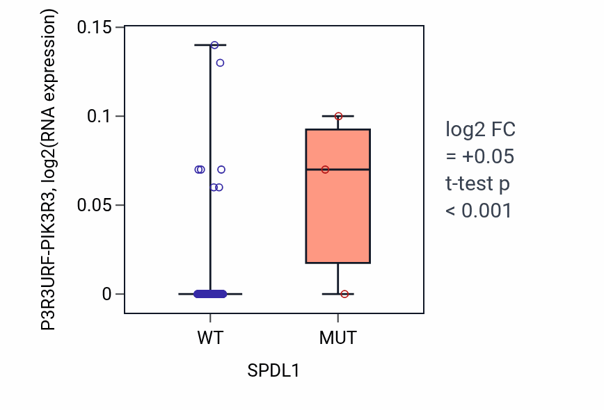 Box plot of P3R3URF-PIK3R3 in SPDL1-low vs SPDL1-high samples in GBM.