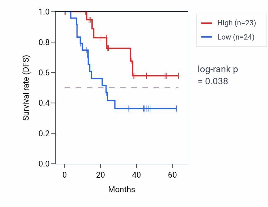 Kaplan&ndash;Meier survival curve for SPDL1 mass-spec protein-high vs -low samples in HNSC.