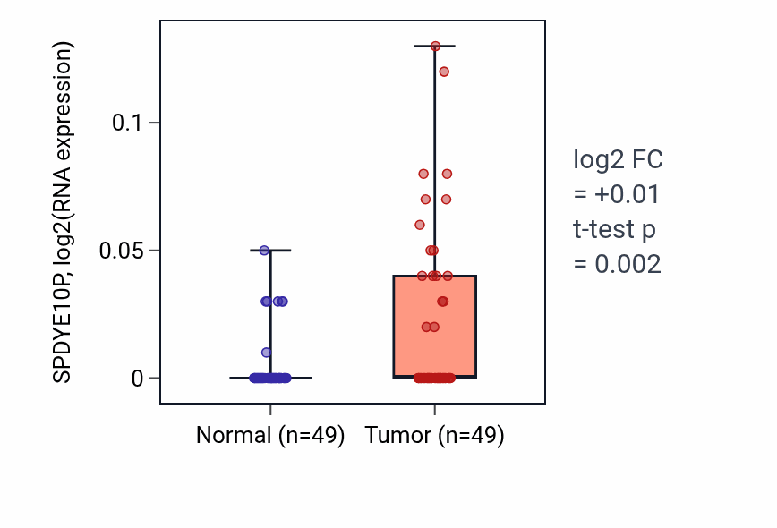 Tumor-vs-normal expression box plot for SPDYE10P in LUSC.